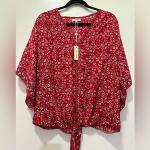 NEW! Max Studio Tie Front Red Floral Blouse Sz XL